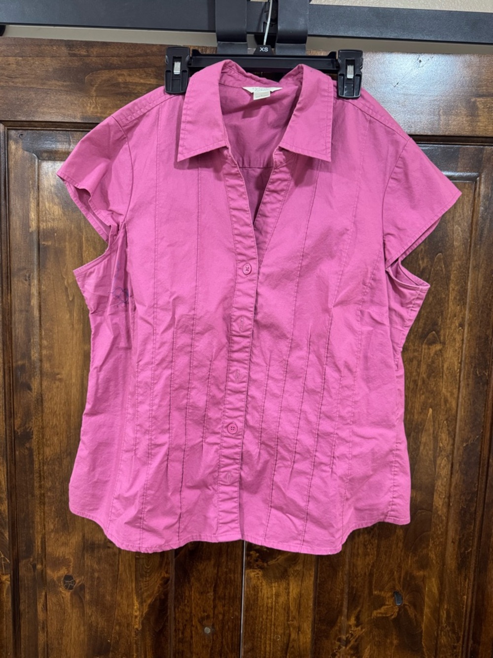Women's Pink Short-Sleeve Button Front Top with Khaki Slacks